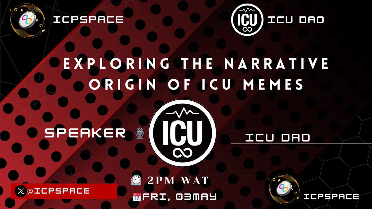🚀We have secured a #xspace with @icu_dao to jointly promote the development of #ICP ECO🔥

🎉 10 address to share 50K $ICU 
📅 Fri, 03/05
⏲️ 2PM WAT 👇
x.com/i/spaces/1kvKp…

Rules:
1. Follow @icu_dao & @Icpspace
2. ♥️ & 🔄, tag friends
3. Drop Your Address
4. Attend the space