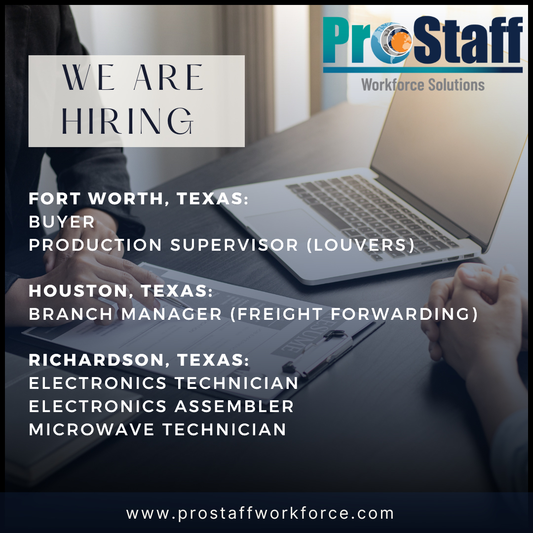 📣 WE’RE HIRING! 📣 Check out the many great roles we have posted in Texas!

𝗔𝗽𝗽𝗹𝘆 𝗢𝗻𝗹𝗶𝗻𝗲: prostaffworkforce.com/job-openings/

#texasjobs #electronicsjobs #richardsontx #houstontx #fortworthtx #newjob #careers #staffing #recruiting #prostaff