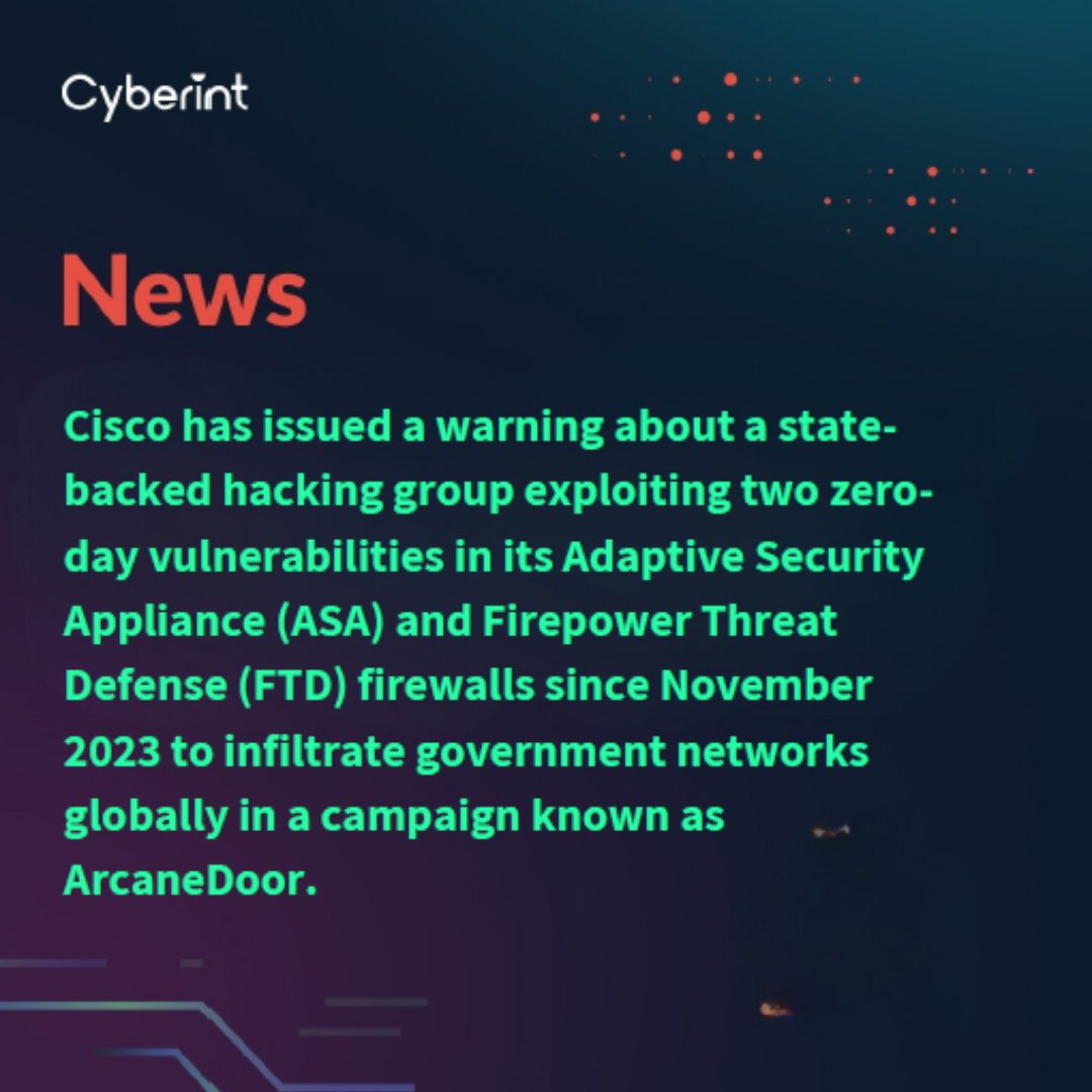 🌐 #Cisco issued a warning about a statebacked #hacking group exploiting two zeroday vulnerabilities in its ASA & FTD firewalls since Nov 23 to infiltrate government networks globally in a campaign known as ArcaneDoor. Read more in our full report: bit.ly/3JJfJjn