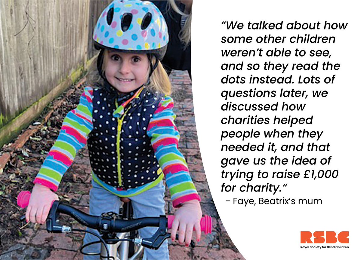 Meet Beatrice, a 5-year-old cycling superstar who completed a 100km challenge to raise funds for RSBC! She's hoping to raise £1000 to help #BlindChildren. Can you help her reach her goal? 👉ow.ly/s5YG50RqQZ1