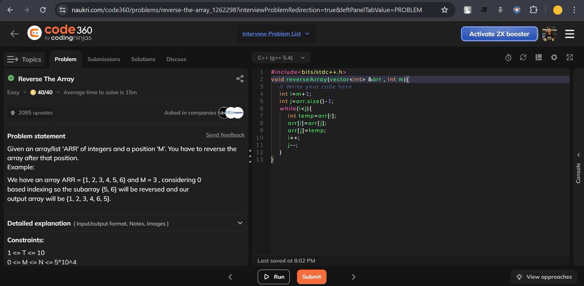 Srinath47902542's tweet image. "Day 77 of my 100-day coding challenge on GeekforGeeks: nailed four problems today - finding closing bracket index, moving zeros to end, merging sorted arrays, and reversing arrays. #CodingMastery #GeekforGeeks #ChallengeAccepted"