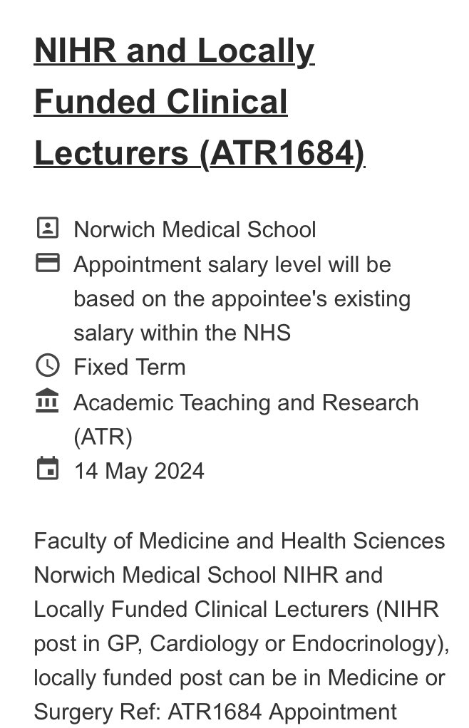 We have exciting @NIHRresearch Clinical Lecturer positions @uniofeastanglia @UeaMed @NNUH in cardiology, endo, GP & also other medical/ surgical specialties possible. Deadline 14th May You have a PhD? Want to do research? Norwich is the place! Apply: vacancies.uea.ac.uk/vacancies/810/…