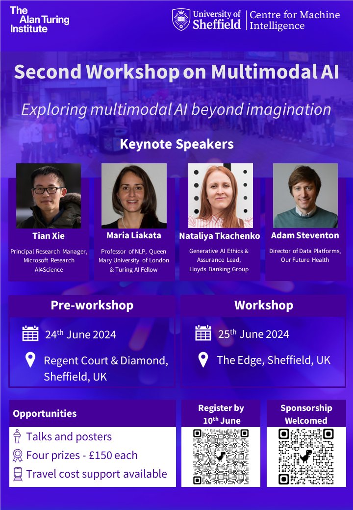 🚀Join us for #MultimodalAI24 @sheffielduni on 25th June 2024! Hear from @xrysoflhs @xie_tian @FloodSmartCity & @AdamMSteventon, present your research, network with the community & compete for prizes. 🎓Student discounts available! Register by 10th June: onlineshop.shef.ac.uk/conferences-an…