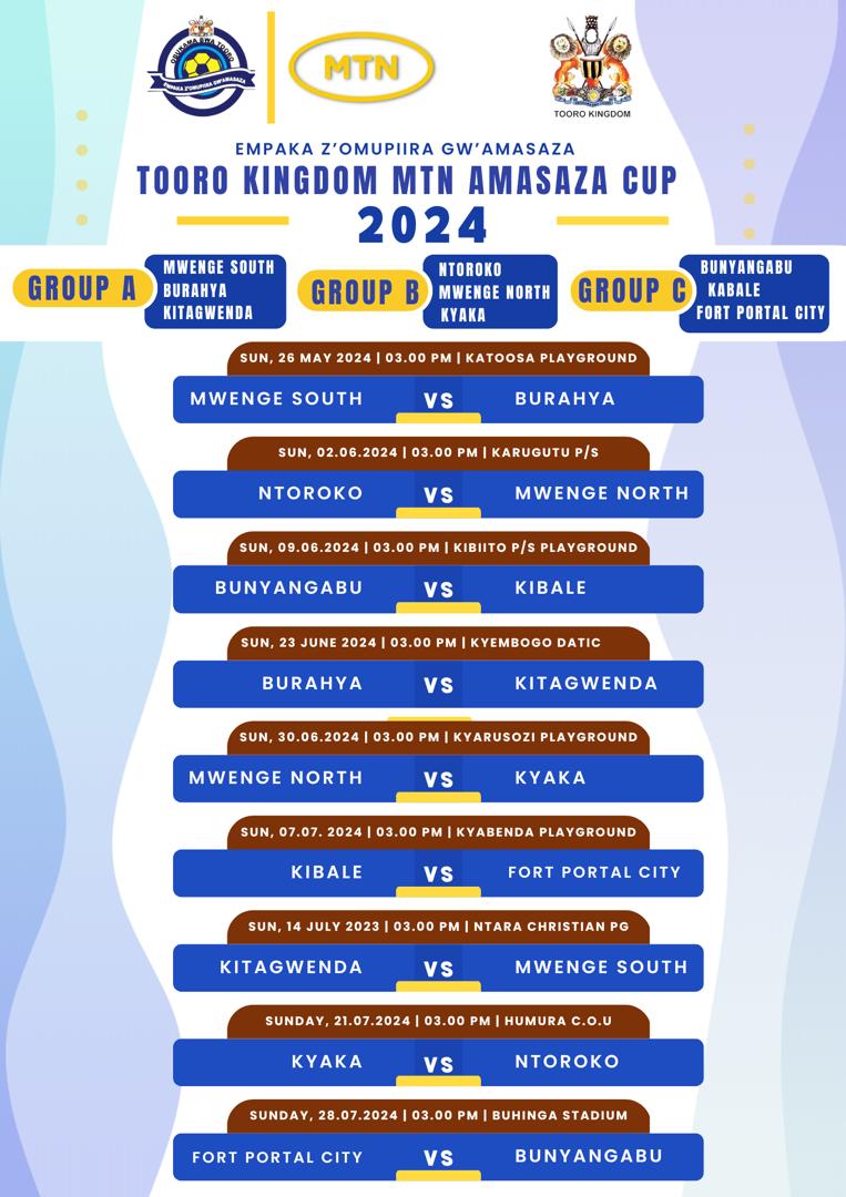 We're thrilled to unveil the fixtures for the Tooro Kingdom MTN Amasaza Cup 2024. The tournament kicks off with an exciting match between Mwenge South and Burahya at Katoosa Grounds on Sunday, May 26th, 2024, at 3:00 PM EAT.
Below are all the fixtures, along with their venues,…