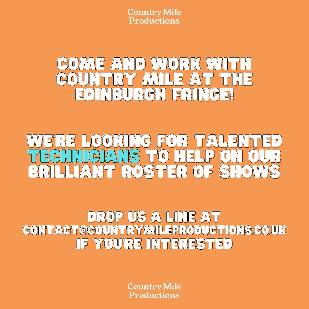 We are looking for talented technicians to work on our brilliant shows at this year’s Edinburgh Fringe! If this is you, drop us a line at contact@countrymileproductions.co.uk #jobs #artsjobs #comedyjobs #theatrejobs #comedy #edinburghfringe #fringe