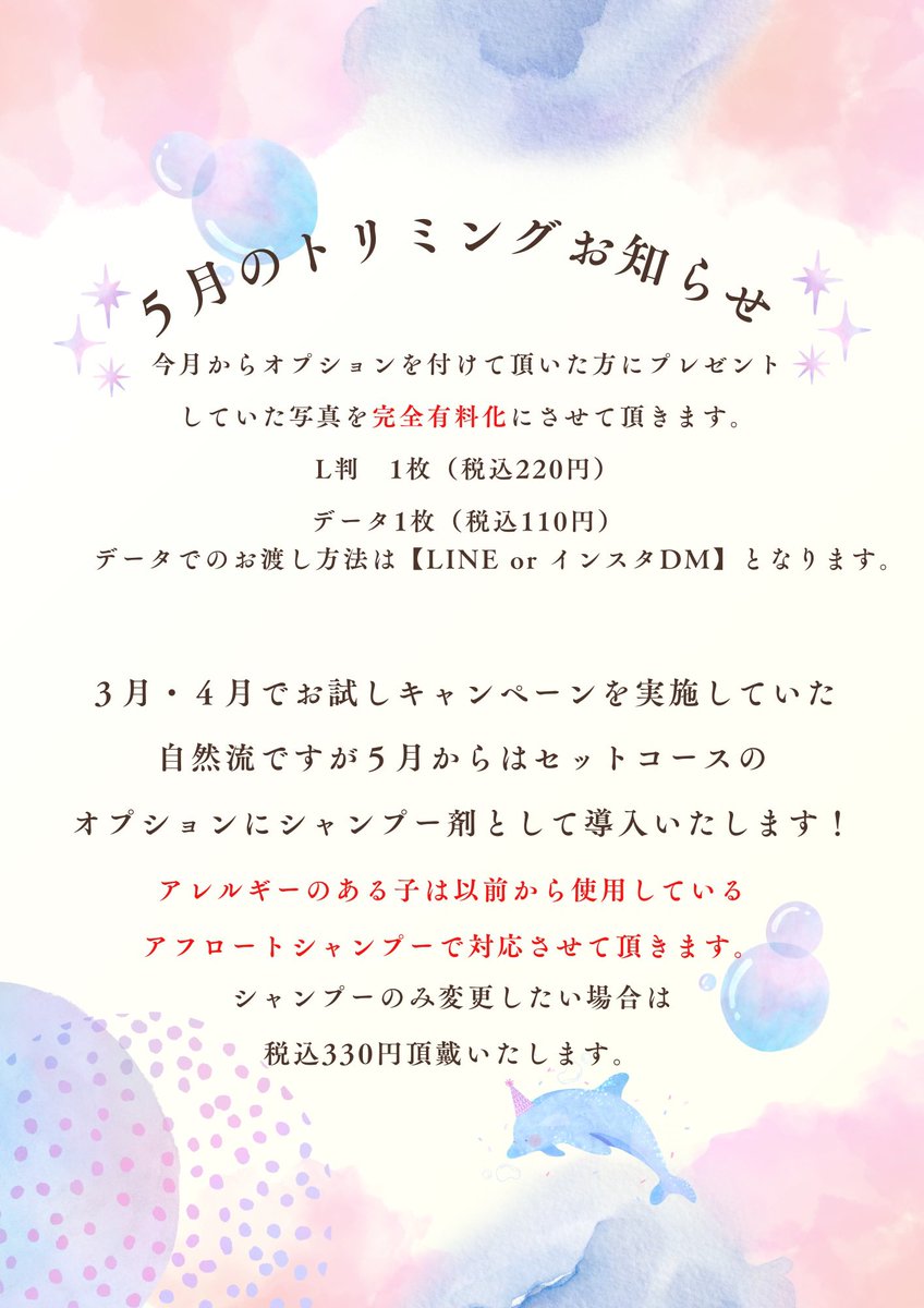 bashamichi_pc's tweet photo. こんにちは！今月のお知らせをお伝えします♪
先月はたくさんのご予約をいただきました！！
暖かくなり、トリミングをする時期になってきました✂️✨
今月もお問い合わせお待ちしております(^^) https://t.co/69h2Rugpxk