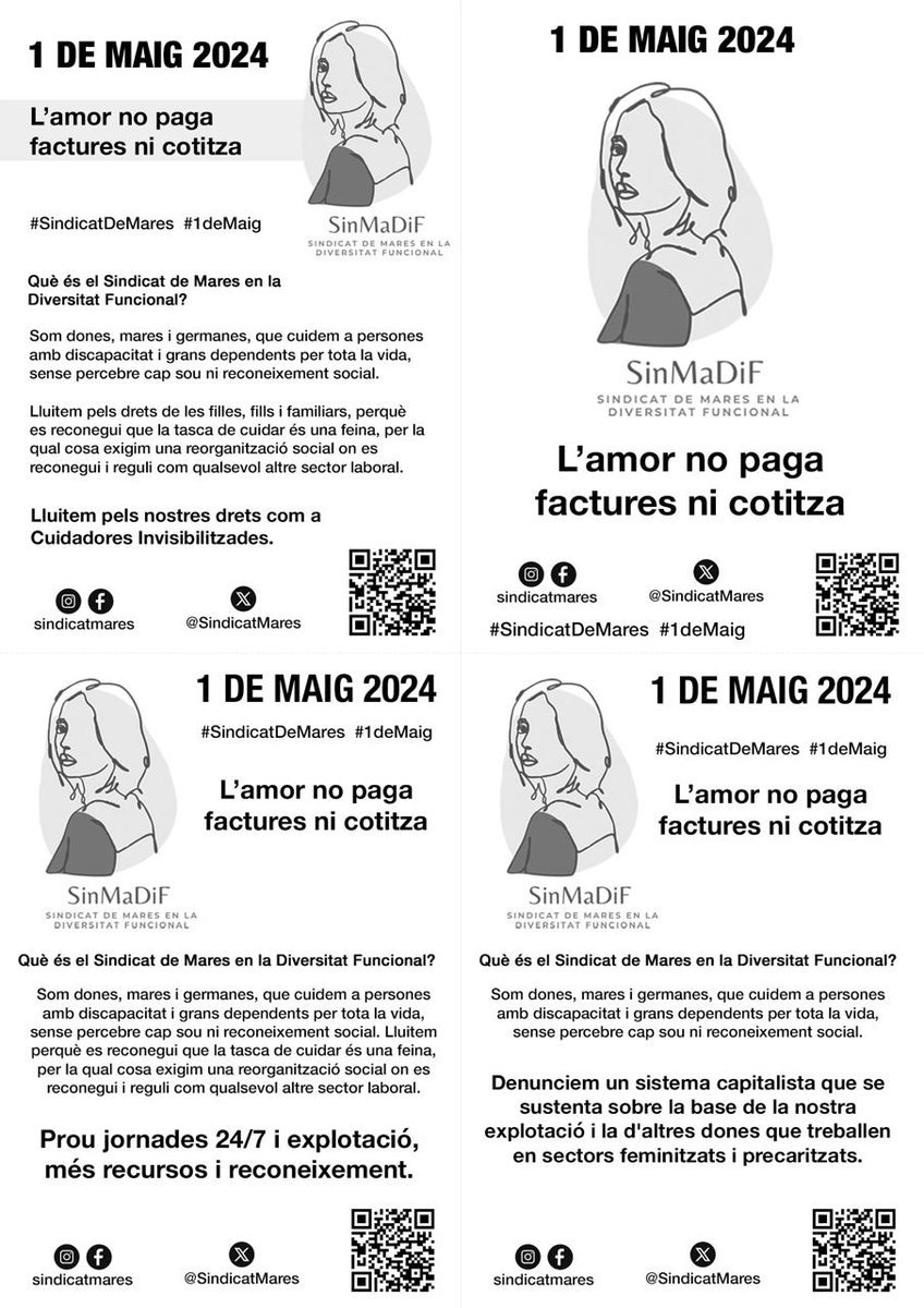 Cuidar és feina. Cuidar tota la vida afecta en un 87% a dones. Si no es remunera ni cotitza, és condemna a la pobresa. Avui #1Maig sortim al carrer amb el sindicalisme combatiu per reclamar drets per a les persones dependents i per a les qui les acompanyem al llarg de la vida.