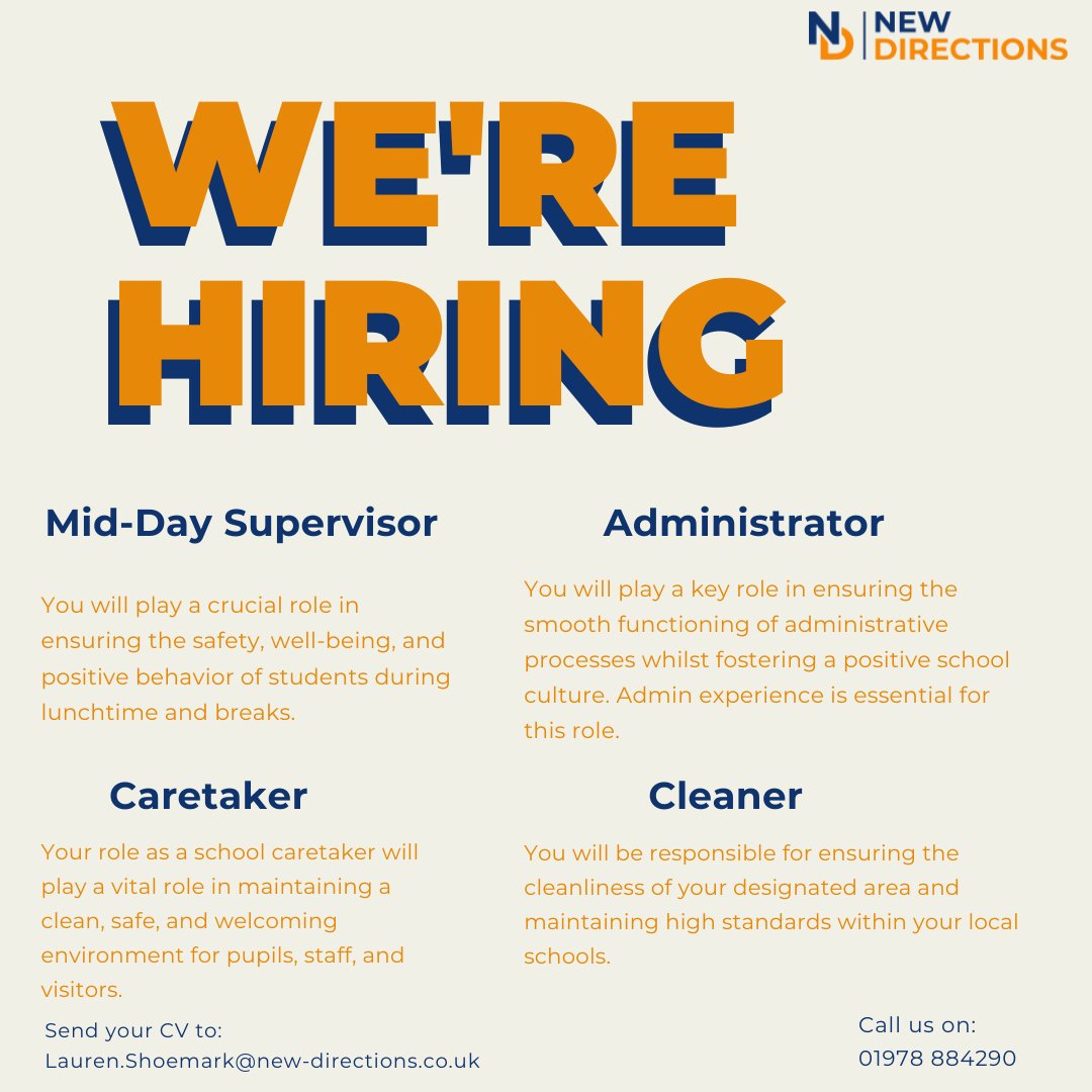 New Directions are #hiring school support staff to work in local schools! 🧡Please get in contact using the details below and we can provide more information 💙 #EducationJobs #SupplyWork #WeAreHiring