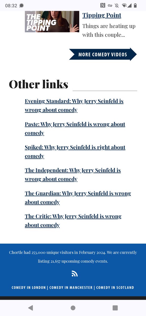 Some of the finest shade from @SteveChortle @chortle when, having been hit with the headline 'Seinfeld turns 70 and complains wokeness ruining comedy', the 'extrnal links' at the bottom of the page looks like this. 👏👏👏👏👏👏👏👏👏👏👏👏👏👏