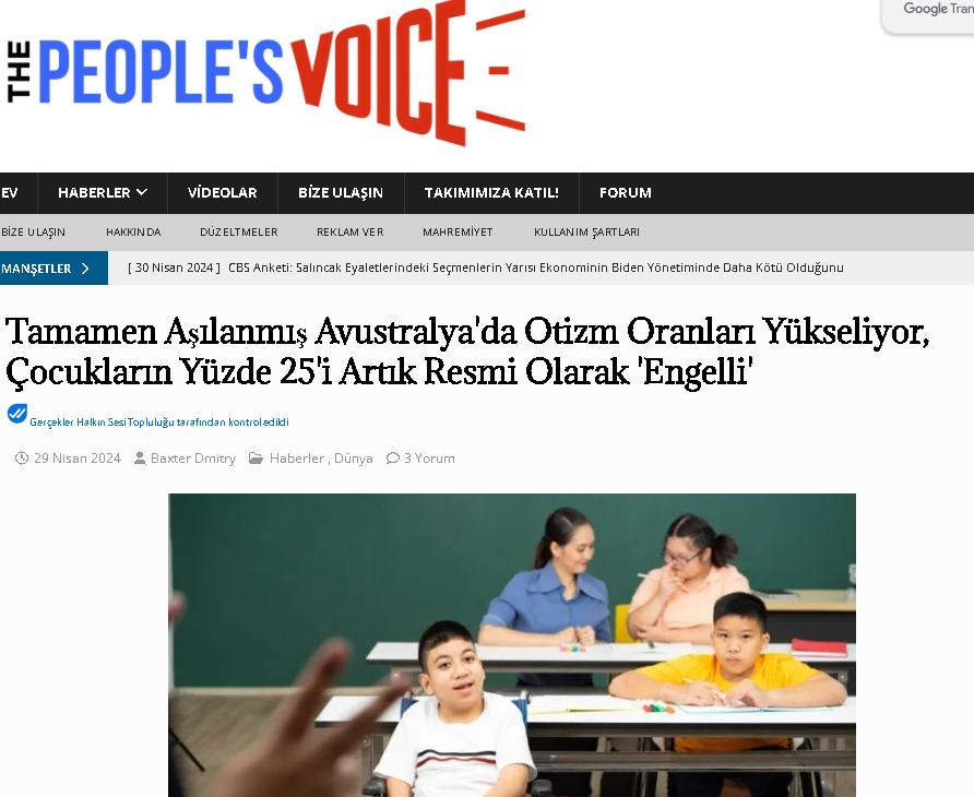 Avuıstralya'da tüm aşıları yapılmış çocukların arasında OTİZM oranı %7'ye engelli oranı %25'e çıktı Son yıllarda Avustralya'da otizm ve engellilik oranlarında patlama yaşandı; hükümet istatistiklerine göre küçük çocukların şaşırtıcı bir şekilde %25'i artık resmi olarak 'engelli'