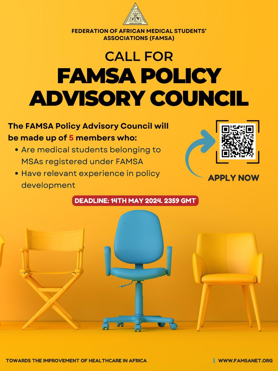 CALL FOR APPLICATIONS FAMSA POLICY ADVISORY COUNCIL 2024 Dear AfroMedics We are delighted to open the call for FAMSA Policy Advisory Council 2024. It is made up of 5 members who would oversee the creation of our policy documents and also monitor and evaluate their implementation