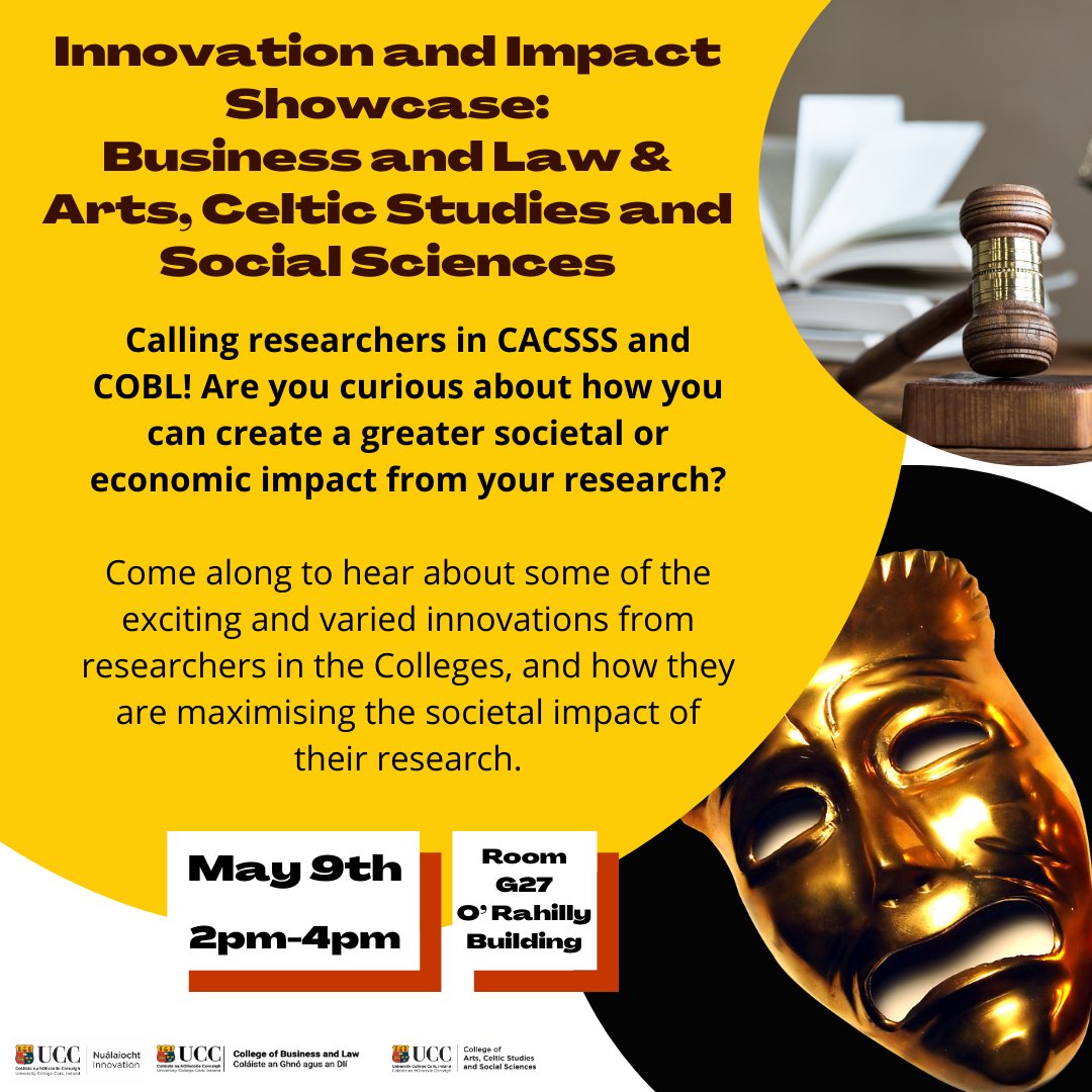 Join us at our @CACSSS1 @CBLUCC Innovation and Impact Showcase on Thursday May 9th from 2pm - 4pm. Learn about some of the exciting innovations from researchers in the Colleges and be inspired as we hear how they are maximising the societal impact of their research #UCCInnovates