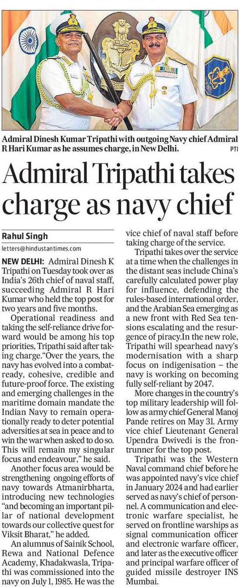 More on India's new navy chief Adm Dinesh Tripathi in the link below. hindustantimes.com/india-news/nex…