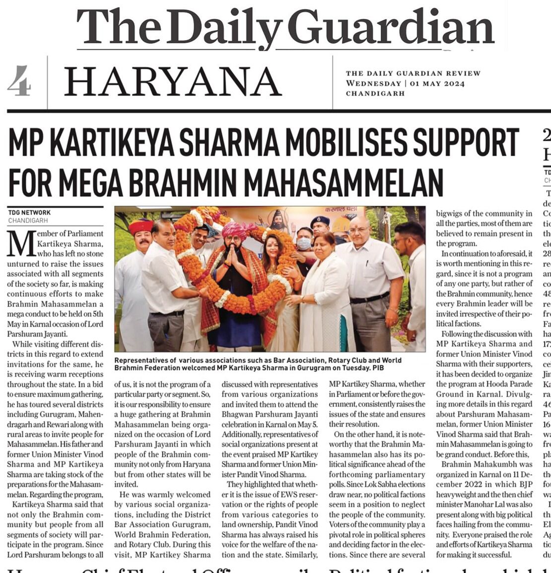 Celebrate the spirit of unity and cultural diversity at the Brahmin Mahasammelan in Karnal on 5th May, championed by @Kartiksharmamp Ji in honor of Lord Parshuram Janmostava. @DailyGuardian1