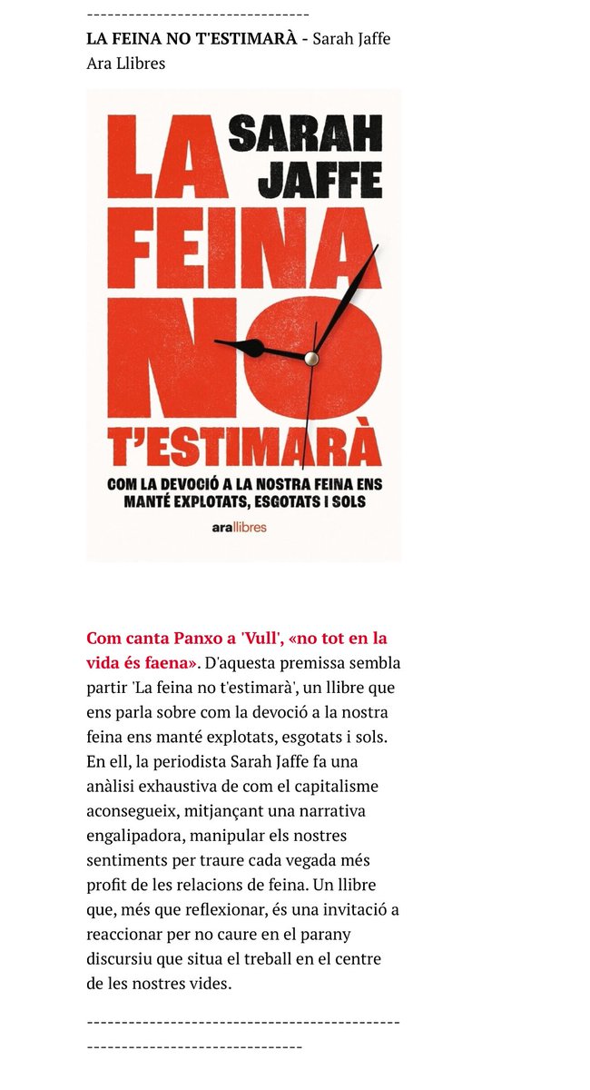 Avui, 1 de maig, és un bon dia per recordar que, com bé diu @sarahljaffe ‘La feina no t’estimarà’ @arallibres. La @violetatena ens el recomana en aquest article a @ElTemps_cat eltemps.cat/article/60373/…