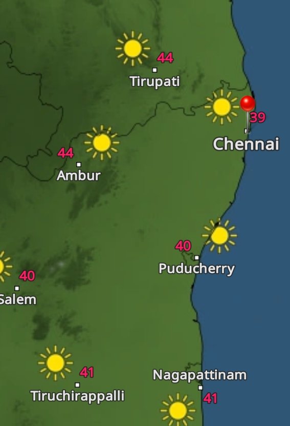 Today is the warmest day of the year as kws Nungambakkam records 40c for the first time this summer and most places in #Chennai seeing 38-40c !!🔥
Today coastal #TamilNadu also seems to have joined the #HeatWave party !!🌡️
#Chennai suburbs may record 40/41c today.🌡️
#ChennaiRains