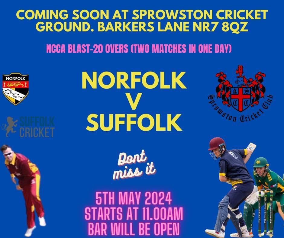'🏏 Friendly Reminder! 🏏 This Sunday, it's game day as Norfolk CCC battles Suffolk! ⏰ The excitement is building, and here's the best part – entrance is FREE for this epic showdown! 🎉 Bring your friends, family, and cricket spirit to cheer our team to victory! 📣 #NorfolkCCC