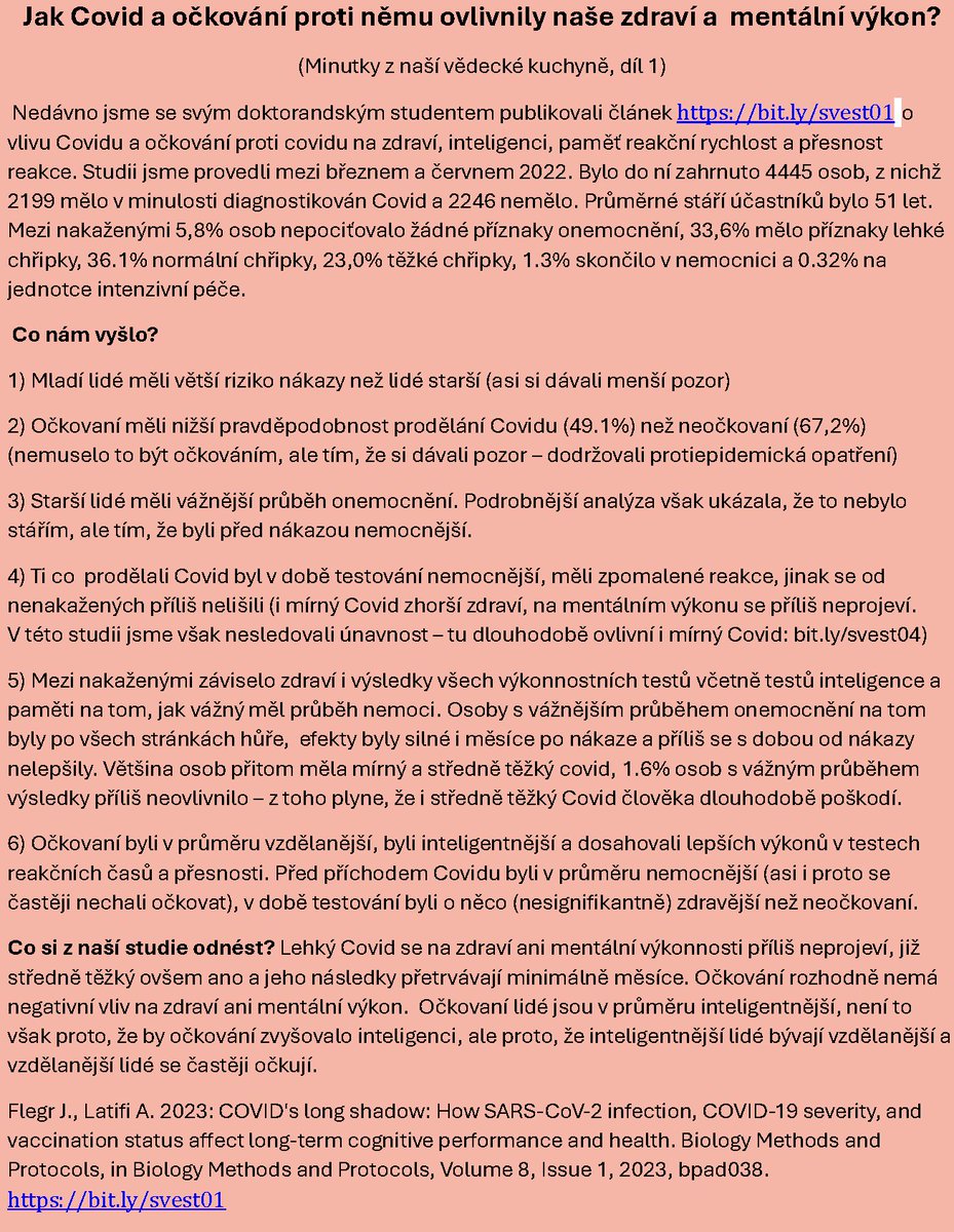 Prodělání i středně těžkého covidu zhoršilo zdraví a mentální výkon Čechů. Očkovaní mají mírně lepší zdraví a v testech vykazují výrazně lepší mentální výkon než neočkovaní. Je to však tím, že IQ koreluje se vzděláním a vzdělaní lidé se nechali očkovat. bit.ly/svest01