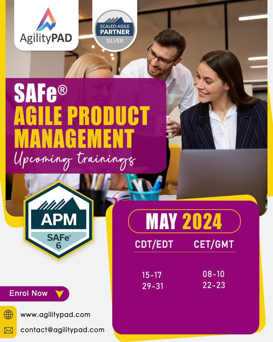 Enroll Now for Upcoming SAFe® Agile Product Management (APM) Online Certification Training in May 2024. 🎓 agilitypad.com/safe-agile-pro… #agilitypad #productowner #productmanager #projectmanager #productdesign #training #lean #scrummaster #scrumtraining #coaching #agile #career #APM