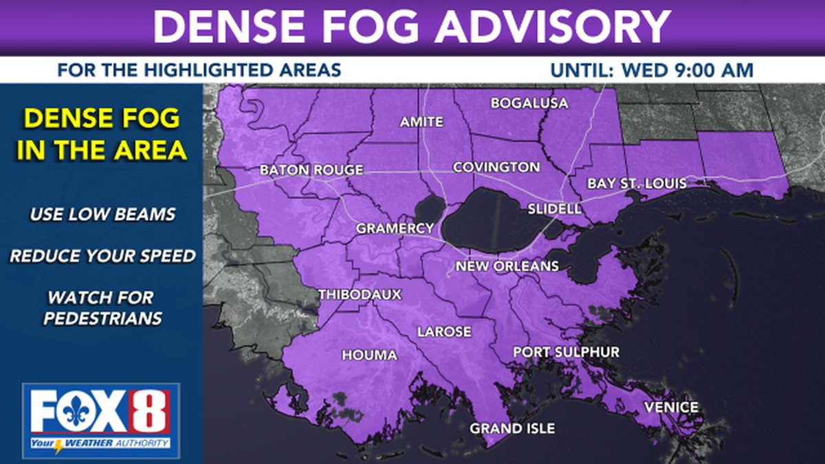 DENSE FOG ADVISORY: The areas highlighted in purple may see visibility drop to 1/4 mile or less at times. #lawx #mswx #nola