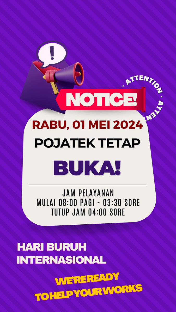 Yth. Pelanggan POJATEK, hari ini, Rabu 01 Mei 2024, POJATEK tetap BUKA 🙏
Selamat Hari Buruh 👷‍♂️👷‍♀️👷

POJATEK - Help Your Works!
#POJATEK #ToolHire #PersewaanAlatTeknik #PersewaanAlatKonstruksi #PersewaanAlatProyek #HariBuruh #POJATEKbuka #HariBuruh2024 #Labour #babyrollerJogja