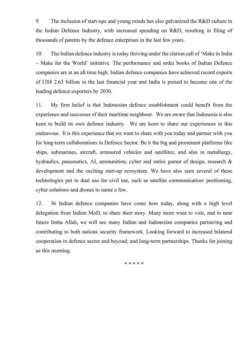 First ever India-Indonesia Defence Industry Exhibition-cum-Seminar was sucessfully organized on April 30th, 2024, marking a significant milestone in bilateral cooperation. Read Ambassador’s remarks during the opening session 👇🏻

indianembassyjakarta.gov.in/pdf/amb_speech…

#75thIndiaIndonesia