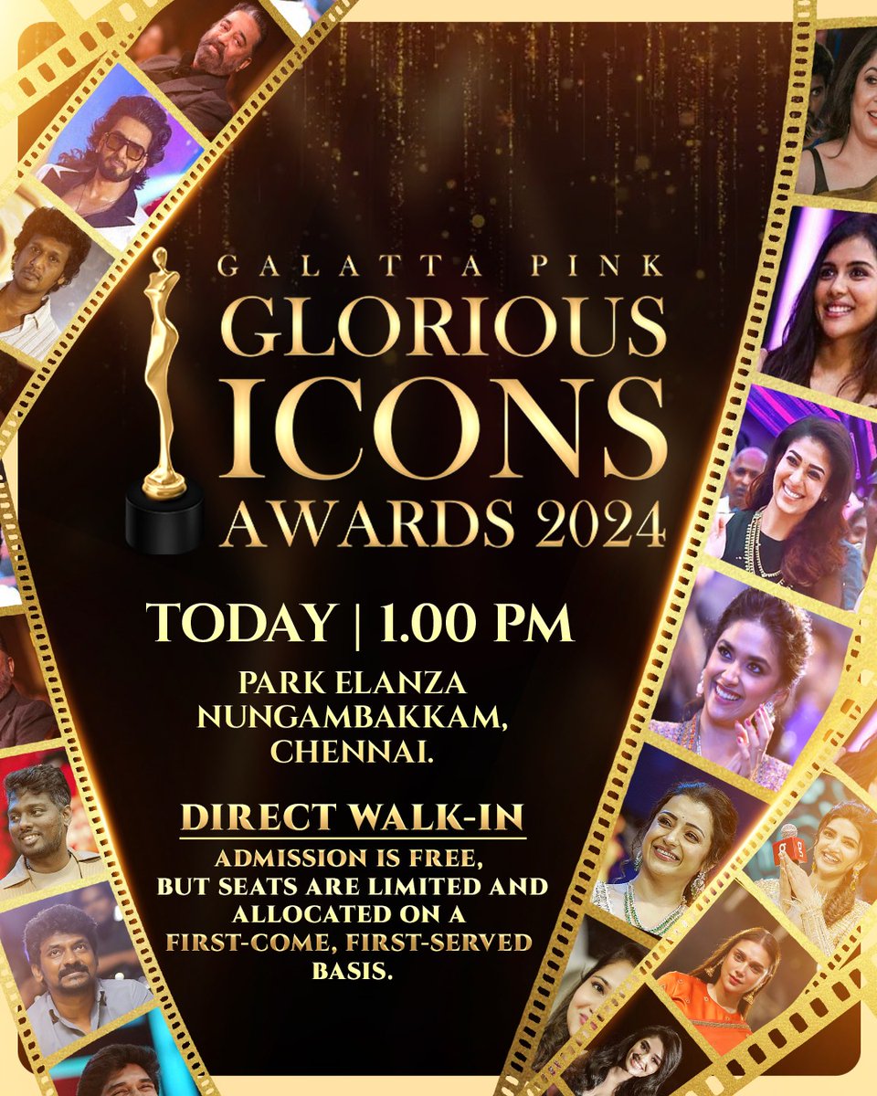 Get ready to celebrate excellence in style!🎉Join us at the #GalattaPinkGloriousIconsAwards 2024 Today at 1 PM, hosted at the prestigious Park Elanza in Nungambakkam, Chennai. Meet your favorite icons, soak in their remarkable achievements, and make unforgettable memories! ✨…