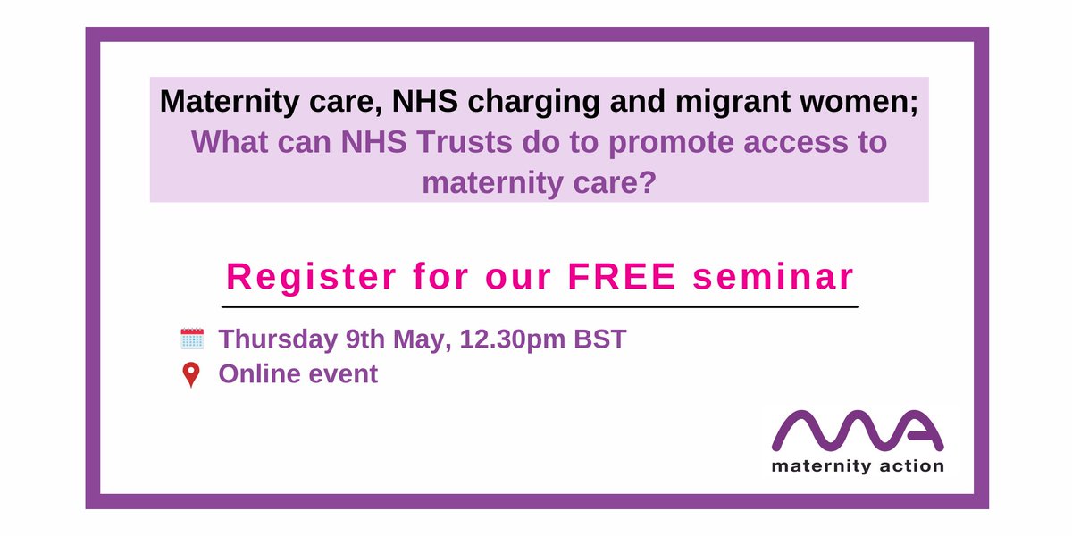 💻Maternity care, NHS charging & migrant women; What can NHS Trusts do to promote access to maternity care? 📅9th May, 12.30pm. We will launch our new access guide & new video featuring midwife lecturer @RMLetley tinyurl.com/mrxb7h65 @RCObsGyn @MidwivesRCM