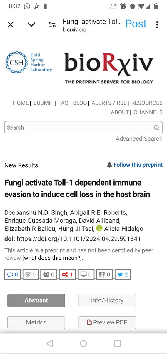 🚨New pre-print 🚨
Check out our new story biorxiv.org/content/10.110…. Here we show how a fungal pathogen exploits host immune system to induce cell loss in the brain. Big thanks to all the contributing authors.  #Toll #immunity #hostpathogen 
#Drosophila #infection