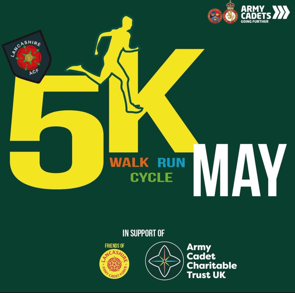 Lancashire ACF is undertaking a 5K in May challenge in aid of ACCT UK and the Friends of Lancashire ACF Charity. We are encouraging Lancs Cadets CFAV's family and friends to join us in the challenge. More details on our socials, Facebook Lancashire ACF. @AcctUk @ArmyCadetsUK