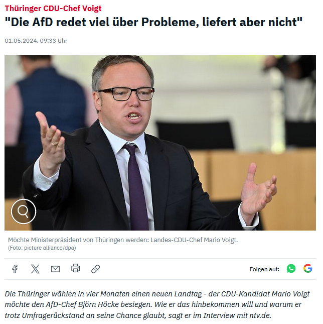 Herr @mariovoigt beschwert sich, dass die #AfD 'nicht liefert'.. Kunststück, wenn niemand mit ihr reden will und alle Vorschläge sofort als 'Nazisprech' abgebügelt werden! Herr #Voigt wird sich noch umschauen, wie viel die #nurnochAfD nach den Wahlen liefern wird!