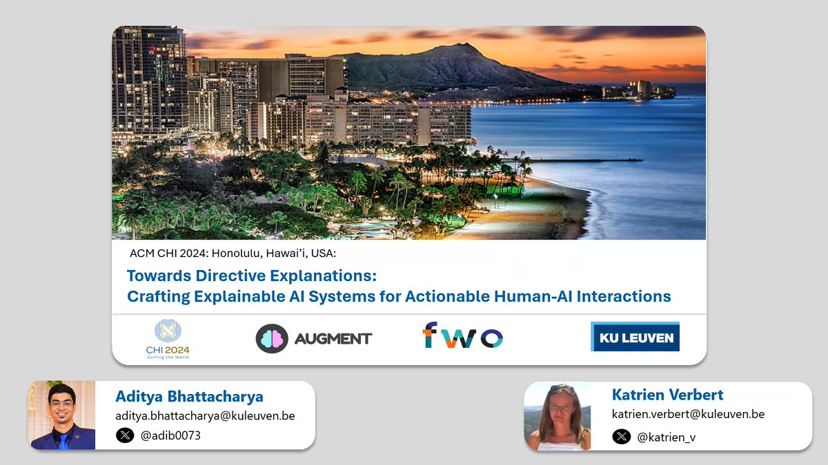 Aditya Bhattacharya (@adib0073) on Twitter photo I will be presenting for two sessions at the <a href="/acm_chi/">ACM CHI Conference</a> in the coming weeks. Many thanks to all our collaborators, <a href="/katrien_v/">Katrien Verbert</a> and all of my colleagues from <a href="/AugmentHCI/">Augment</a> for all their support. Looking forward to connect with the CHI community and share synergies!
#ExplainableAI #XAI I will be presenting for two sessions at the <a href="/acm_chi/">ACM CHI Conference</a> in the coming weeks. Many thanks to all our collaborators, <a href="/katrien_v/">Katrien Verbert</a> and all of my colleagues from <a href="/AugmentHCI/">Augment</a> for all their support. Looking forward to connect with the CHI community and share synergies!
#ExplainableAI #XAI