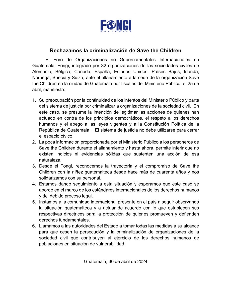 🇬🇹 As FONGI members, we share our deep concern over the attempts by the Guatemalan Public Ministry to criminalise the work of civil society & human rights defenders, including through the very recent raid of Save the Children offices 
@SaveChildrenMx