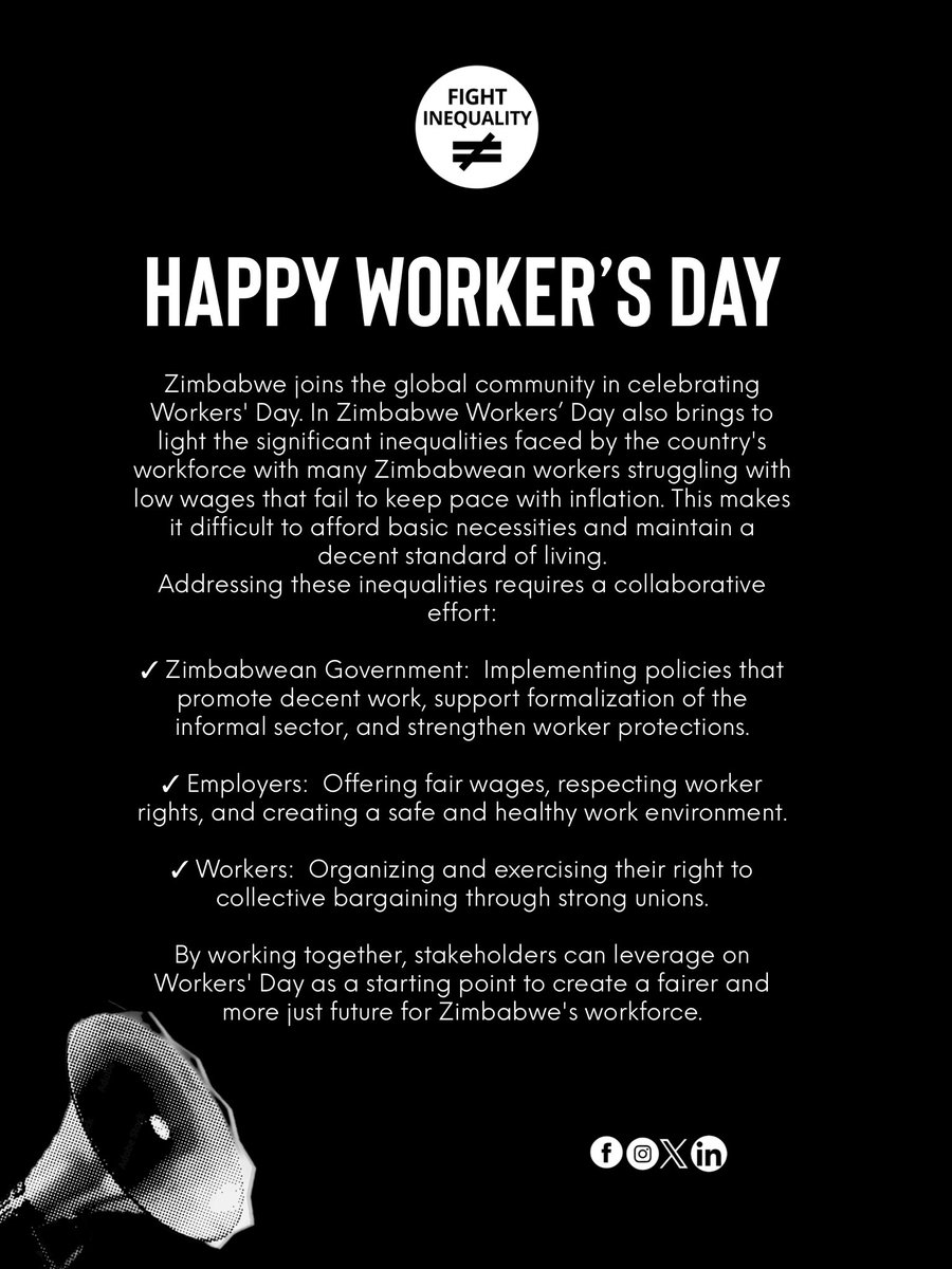 FIA Zimbabwe stands in solidarity with workers worldwide on this Workers' Day. Let's unite to tackle inequalities and build a fairer future for Zimbabwe's workforce.