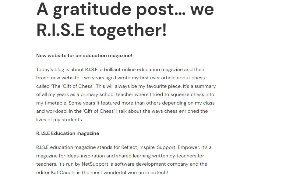 I am so unbelievably grateful for this beautiful and unexpected write up about #RISEEduMag from @hari_neo21. Hari is an incredibly talented educator and wonderful friend who we've had the pleasure of writing about chess for us. The words about me got me🥹❤️buff.ly/44mwKsZ