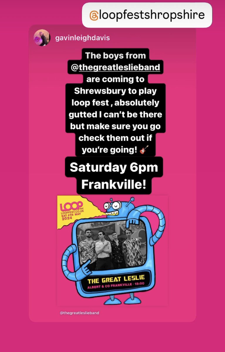 Morning! Just to reiterate what the man Gavin said - we’re playing @loopfestshropshire this Saturday, so don’t miss our set. Hoping to see some friendly faces😊 #Shrewsbury #festival #indiemusic #supportlivemusic