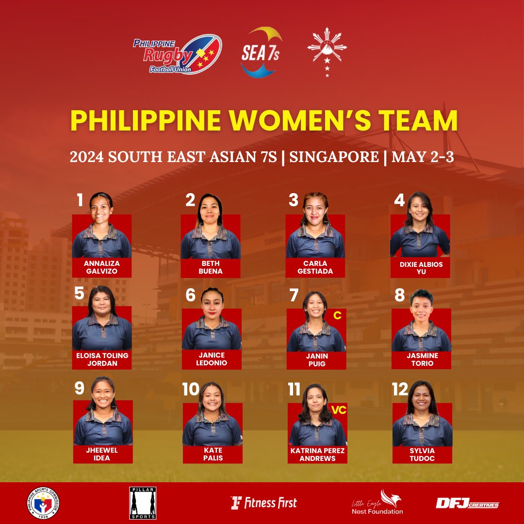 Here we go! 

Our Philippine Rising Stars Women’s team to compete in the Southeast Asia (SEA) 7s tournament in Singapore this week! 🇵🇭💫

Head Coach: Jane Francisco 
Manager: Mark Villamora
Physiotherapist: Steph Yee

#PhilippineRisingStars #Pathways #LabanPilipinas #ProudlyPinoy