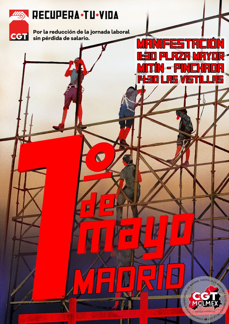 1 MAYO | '#NuestroMundo, frente a su sistema' 

Hoy, un año más en #Madrid #1MayoInterseccional

#1MInterseccional 
#1Mayo #1Mayo2024

🕖 11:30h
📌 Pza. Mayor 

'¡La lucha es el único camino!'

#GlobalMayDay2024
#1world1struggle
❤️🖤💜🔥🇵🇸