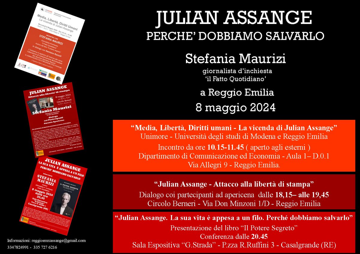 Stefania Maurizi a Reggio Emilia. l'8 maggio 2024, La prestigiosa  giornalista d'inchiesta sarà con noi per dedicare la Sua giornata a Julian Assange : Università, Circolo Berneri, Casalgrande.
La ringraziamo per questo Suo tempo che ci darà! JULIAN LIBERO!
#StellaAssange