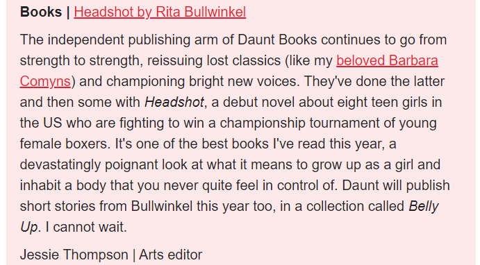 'It's one of the best books I've read this year.' @jessiecath on Rita Bullwinkel's HEADSHOT🥊 Thank you.