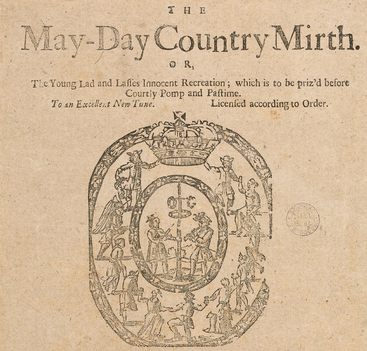 The #May Day Country Mirth - a #17thCentury #song for today.
From the Douce Ballads, Bodleian Library.
With a #woodcut showing a piper and #fiddler playing by a #maypole while people dance around them.

#otd #mayday #earlymusic #earlymodern #violin #onthiday