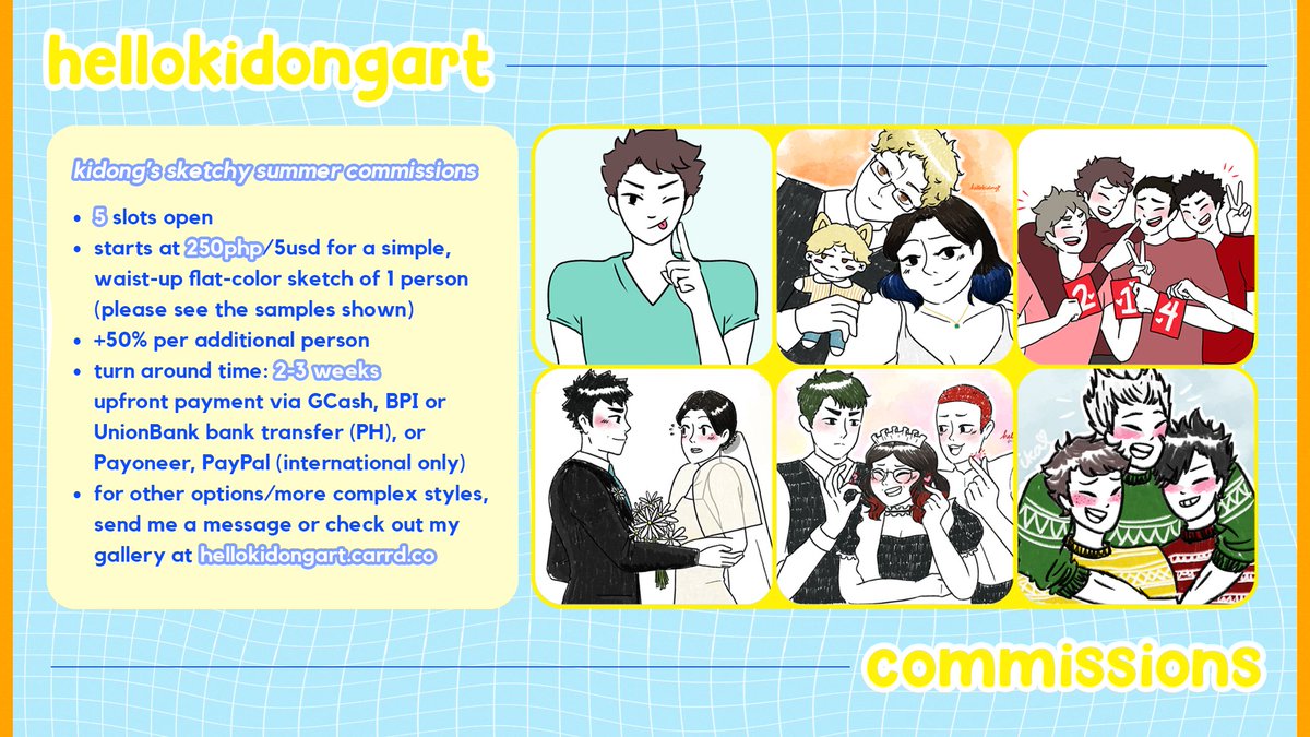 kidong's sketch c💫mms open!! 🏖 5 slots open 🏖 starts at 250php/5usd! 🏖 mop: gcash, maya, bpi, ub, payoneer 🏖 2-3 weeks turnaround time! for more info, dm me or visit hellokidongart.carrd.co