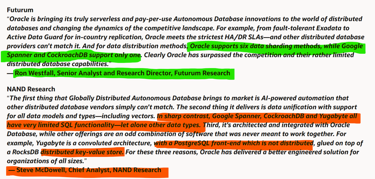 🤣 'Leading Industry Analyst Views'. 🟢Some analysts take care to remove the wrong info, while🔴others copy/paste the vendor's words as-is Some facts about sharding methods: linkedin.com/pulse/oracle-s… Some facts about SQL features and distributed key-value: linkedin.com/pulse/distribu…
