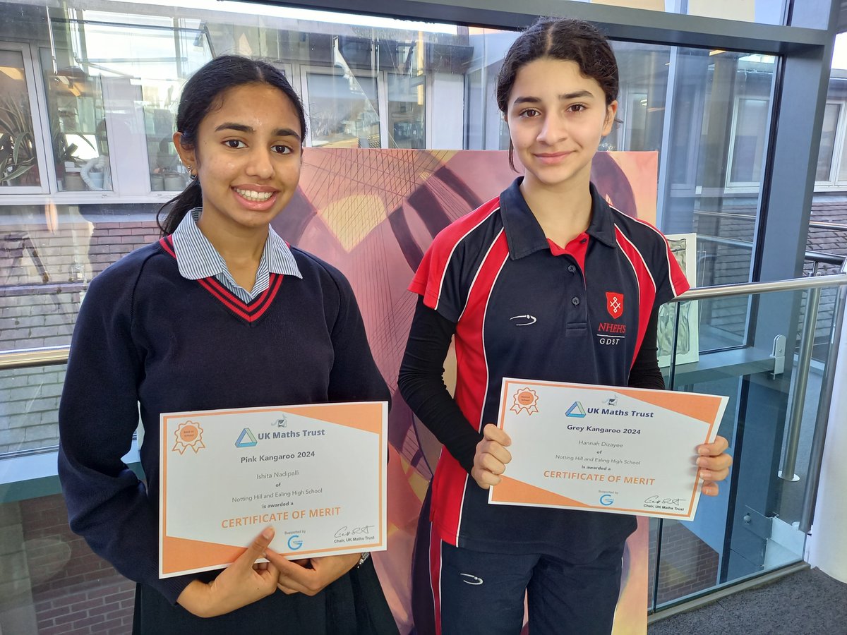 Results from the Intermediate Maths Challenge follow-on rounds are in! Huge congratulations to Ishita Nadipalli (Y11) and Hannah Dizayee (Y9), awarded certificates of merit and 'best in school', for the Pink and Grey Kangaroos respectively.