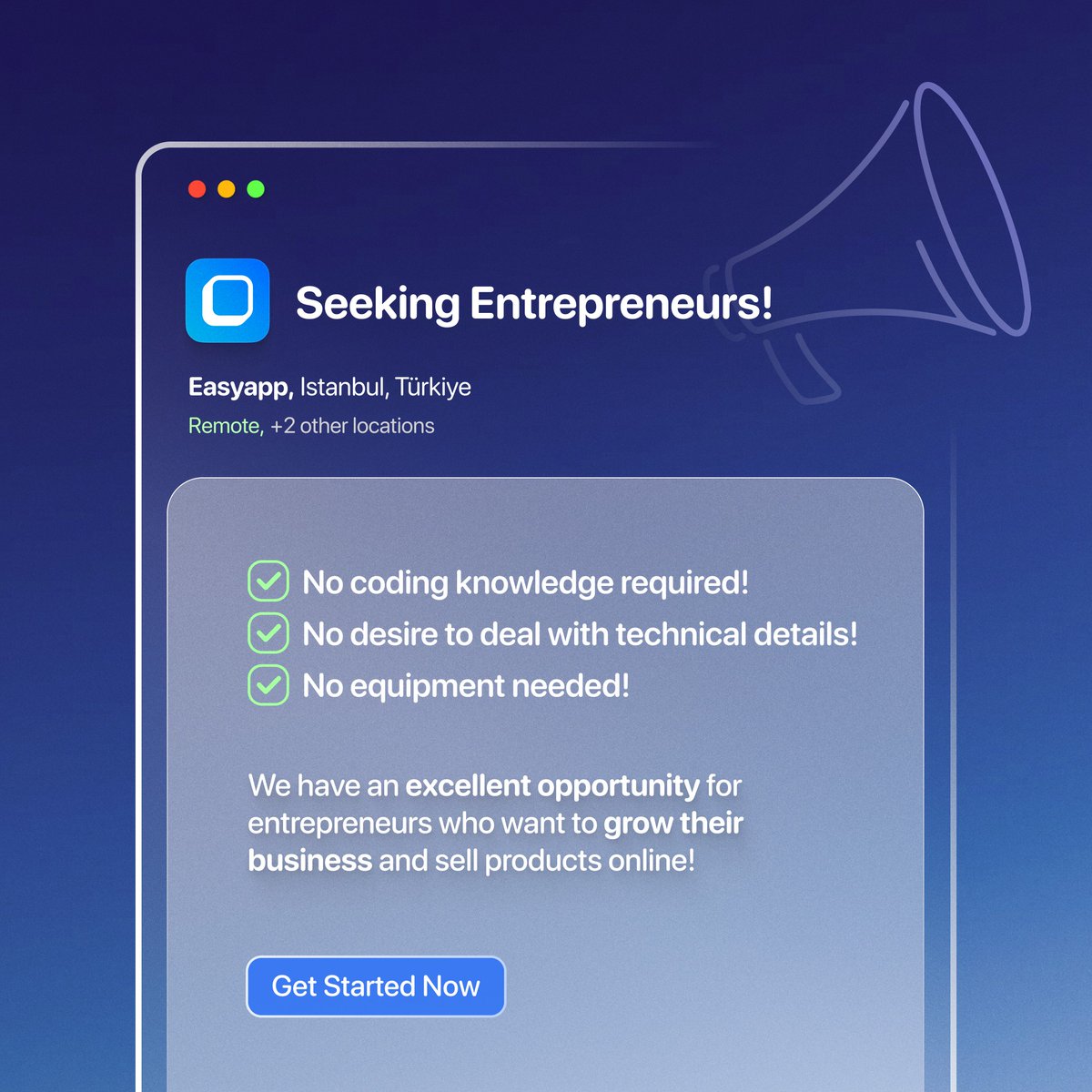 📣Seeking Entrepreneurs!
☑️No coding knowledge required!
☑️No desire to deal with technical details!
☑️No equipment needed!

We have an excellent opportunity for entrepreneurs who want to grow their business and sell products online!

Get started now 📲 easyapp.co/download/app