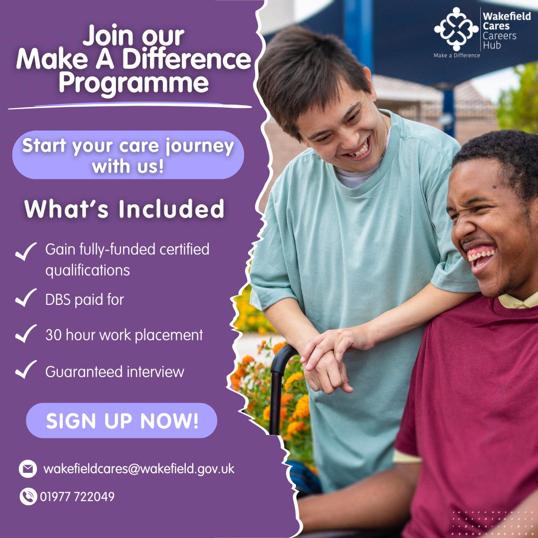 Aged 19+, have you been out of work for a while or looking to start a career in Adult Social Care? Wakefield Cares provide all the training, placements and support to get you all ready to start your career! tinyurl.com/Makeadifferenc… email wakefieldcares@wakefield.gov.uk