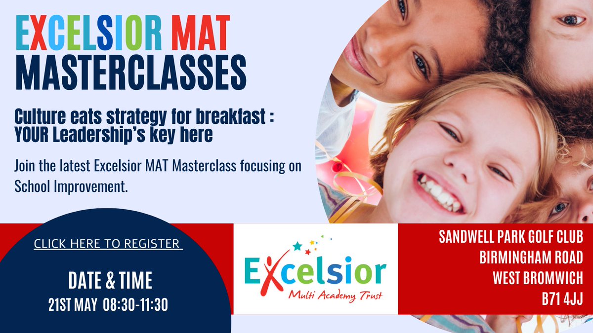 📢Attention headteachers, senior school leaders, and governors: Join our FREE Masterclass in #Sandwell where we explore the impact of organisational culture as a key driver of success. Limited spots available, with breakfast included. Join now: eventbrite.co.uk/e/excelsior-ma…