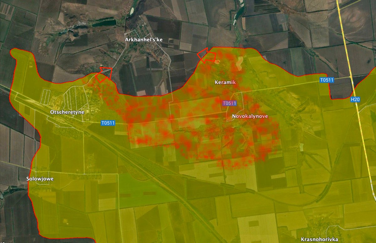 #NewsMap Russian invasion forces captured #Novokalynove and #Keramik. Their assault on #Arkhangelske started from two directions. ➡️Outgunned and outmanned, Ukrainian forces find no way to stop them. In this area of the front, Russians are now advancing with up to 2 km per week.