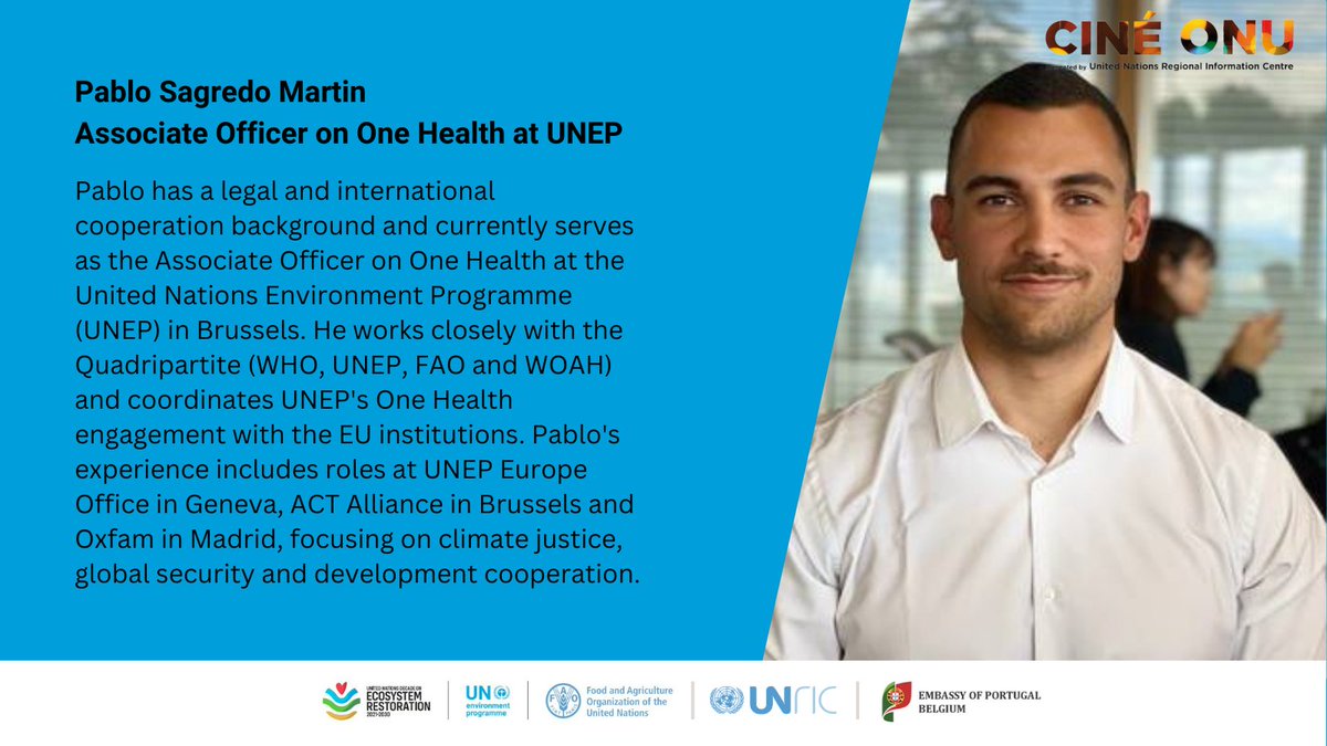 The screening of “Lindo” takes place in less than a week! Our last panelist is Pablo Sagredo Martín, Associate Officer on One Health at the United Nations Environment Programme in Brussels (@UNEP_Europe) 👇