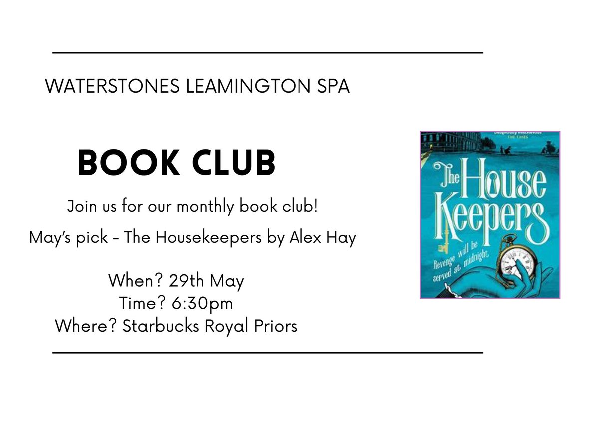 It’s May! Our book club pick for this month is The Housekeepers by @AlexHayBooks The Housekeepers is a brilliant historical heist crime novel and we can’t wait to discuss it🤩